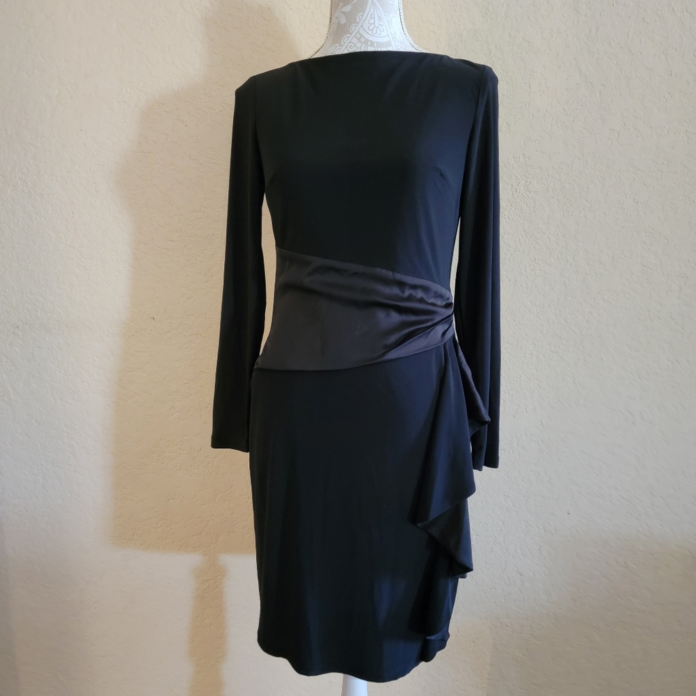 Chaps Women's Black Satin Ruffle Sheath Dress Sz S